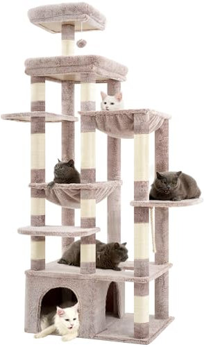 Heybly Cat Tree, 71-Inch Tall Cat Tower for Large Maine Coon Cats with Extra-Large Baseboard, Cats Condo Furniture with Multi-Level Platforms, 2 Hammocks and 12 Scratching Posts, Muchroom HCT037MU