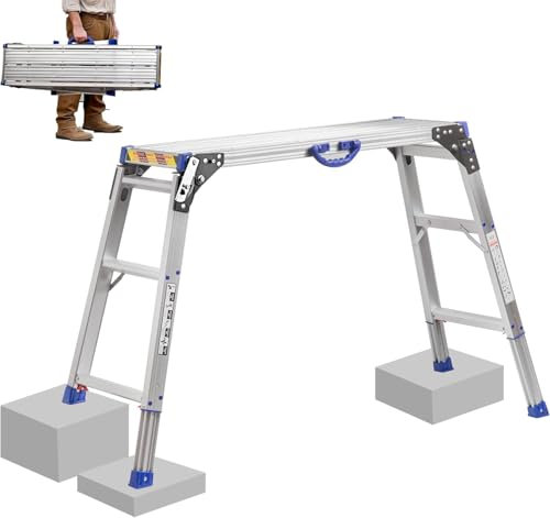 Hanured® Plateforme de Travail 100x30cm, Escabeau Pliant à 2 marches en Aluminium, Marchepied Réglable en Hauteur, avec Pieds Antidérapants & Serrures de Sécurité, jusqu'à 150kg