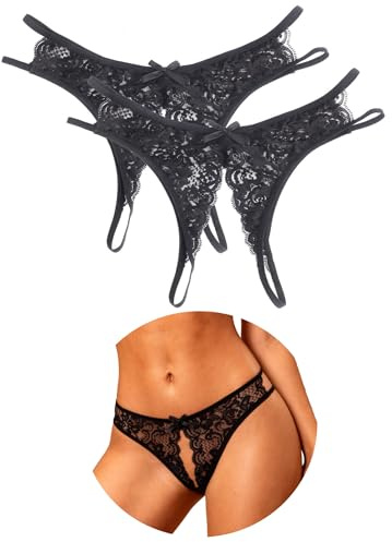 ohyeahlady Slip Sexydonna Hot Aperto con Fiocco Vita Bassa Perizoma Donna Seducente Pizzo Aperti Tanga Elasticizzate Mutandine Curvy Underwear Lingerie Sexy Intimo Taglie Forti Bikini 2 Nero,S
