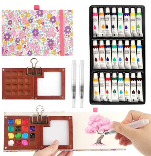 PENCHUAN Mini set da viaggio ad acquerello, 24 colori, set da viaggio con carta ad acquerello, pennello per acquerello, penna, clip, set da 15 griglie per schizzi all'aperto, principianti (rosa)