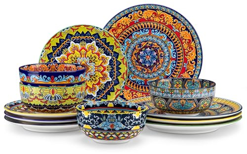 Juego de Vajilla para 4 Personas Cerámica, vancasso KRVI 12 Piezas Vajilla Moderna de Porcelana, Servicio de Mesa Estilo Bohémio, Juego de Platos y Cuencos, Servicio Combinado de Colores