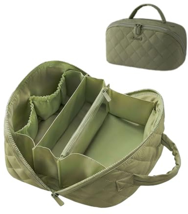 Wenrny 2026 New Travel Makeup Bag for Women,180° Wide Open Lay-Flat Cosmetic Case with Handle and 5 Compartments,Large Capacity Waterproof Travel Toiletry Bag for Brushes,Skincare & Toiletries (Green)