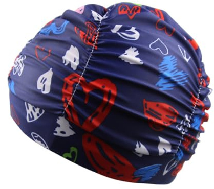 TEOZBLU Bonnet de Bain Nylon à Motifs Cœurs (1 Pièce) - Pour Cheveux Longs, Fond Bleu Marine avec Cœurs Mignons