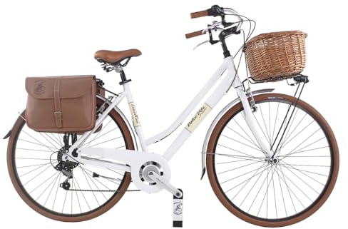 Dolce Vita By Canellini Bicicletta da città Vintage Oldstyle alluminio donna con borse e cesto (Bianco, L)