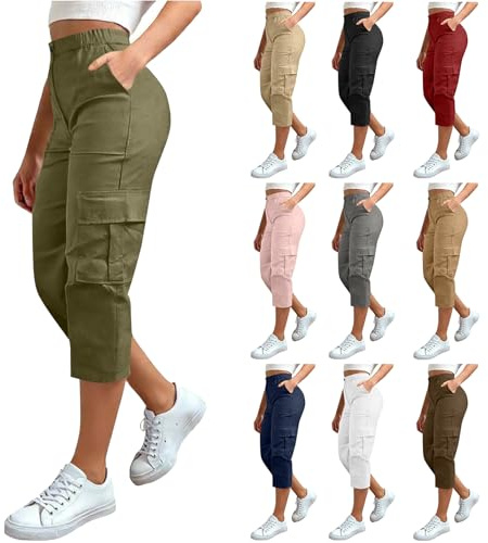 Pantalon Cargo Femme 3/4 Pantacourt de Sport Été Léger avec Poches Latérales Taille Élastique Bouton Pantalon Décontracté pour Randonnée Travail Chasse