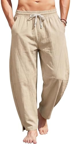 MEDUOLA Pantalón de Lino y Algodón para Hombre Harén Pantalón Curvo con Bolsillos Baggy Pants Casual Tiro Bajo Holgados Adecuado para Streetwear Verano Salidas