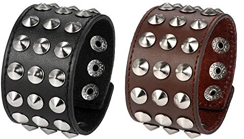 JewelryWe dubbarmband för män, punk rock stil nit bred manschett läderarmband armband, justerbart, 5.9 inch, Konstläder