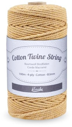 Corde Macramé 3mm x 100m, ilauke Fil Macramé Ficelle Cordelette, Naturel Coton Cordon pour Tricotage Fil de Macrame en Coton pour Hanging Plant, Tentures (Jaune)