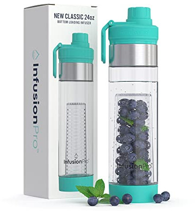 Infusion Pro 24 oz Fruit Infuser Water Bottle with Twist Cap Lid : Insulated Sleeve & Infused Water Recipe eBook : Bottom Loading Water Infuser for More Flavor : Unique Gift Idea (Blue Jade, 1-Pack)