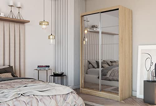 WFL GROUP Moderner Kleiderschrank Schwebetürenschrank mit Spiegel 120 150 180 200 cm - Eiche Sonoma Kleiderschrank für Schlafzimmer mit Schiebetüren - Kleiderstange - 150 cm - Eiche Sonoma