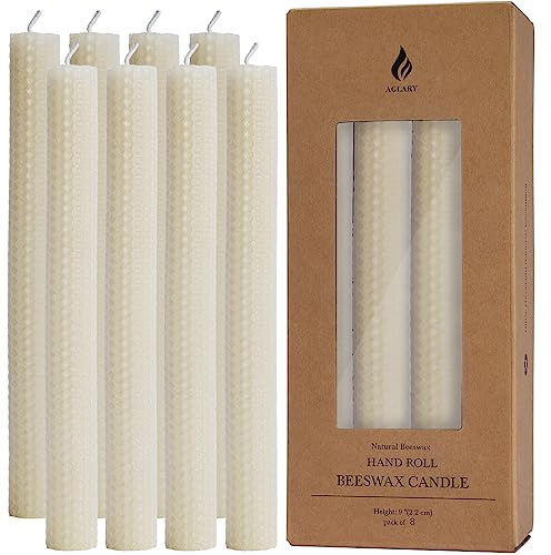 8PCS 9 Hand-Rolled Beeswax Taper Candles, Real Pure Beeswax, Handmade Honeycomb Candles, Flat Top, Cream