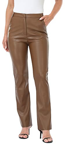 HDE Women's Faux Leather Pants High Waisted Straight Leg Trousers with Pockets Brown - XL