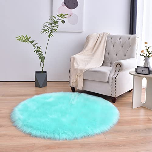 duduta Tappeto rotondo in finta pelle di pecora, colore turchese, 1,2 x 1,2 m, soffice pelo peloso, per camera da letto, cameretta dei bambini, stanza dei giochi, decorazione per dormitorio