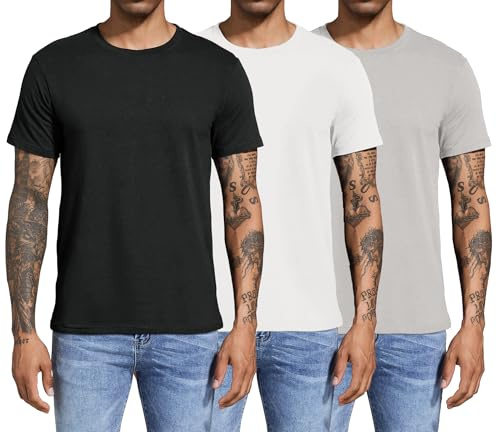 Boyzn Män 3 eller 4-pack bomulls-t-shirts, korta/långärmade rund hals sportt-shirts, bomull gym träning löpning tröjor för män, 3-pack-svart/vit/grå, M