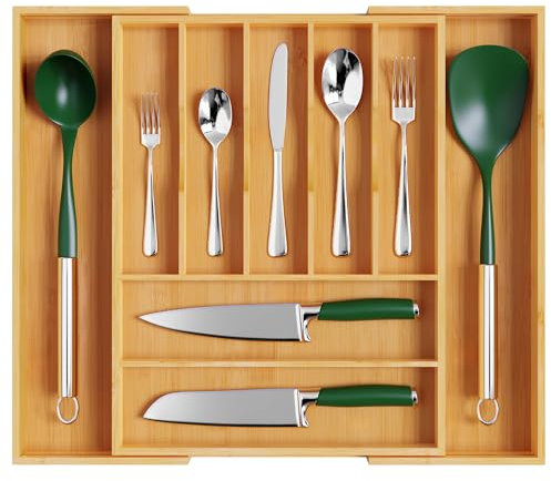 oridom Large Premium Bamboo Silverware Organizer - Expandable Drawer Organizer & Utensil Organizer - 17x19.7 Cutlery Tray with Dividers for Kitchen Utensils and Flatware (7-9 Slots) (Natural)