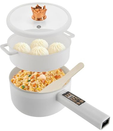 Casserole électrique avec cuiseur vapeur 1,6 l, multifonction, mini portable, anti-adhésif, poêle à frire électrique pour maison, cuisine, dortoir, camping-car 220 V 770 W (blanc) Personnes : environ