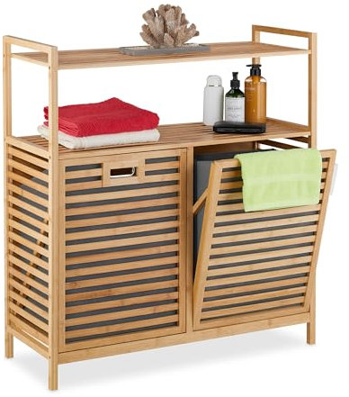 Relaxdays Cesto para Ropa Sucia con 2 Baldas, 2 Cubos Colada Basculantes, 40 L c/u, Bambú, Tela, 95x88x33 cm, Natural
