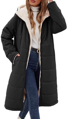 Tuopuda Winter Long Coats for Women Fleece Puffer Coat Warm Full Zip Hooded Long Jackets Plus Size Quilted Outerwear Outdoor Hiking Overcoat(Black,L)