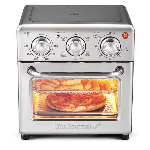 Elite Gourmet Compact 8.5Qt Air Fryer Oven – Mini Countertop Air Fryer with Adjustable Time & Temperature Controls, 800W, Includes Air Fry Basket, Bake Pan & Recipes, Stainless Steel