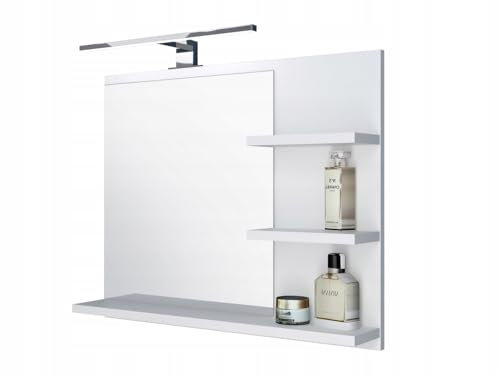Miroir de Salle de Bain avec 3 étagères, uspendu - Mural, pour Le Couloir, pour la Chambre, pour la Salle de Bain, Blanc 60X50 cm. Lampe LED - Droite