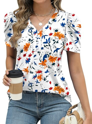 EFFAN Summer Blouses for Women Elegant Casual Puff Sleeve V Neck Short Sleeve Tunic Tops Ladies T-Shirts UK(Yellow Flowers Blue Leaves Print,XXL)