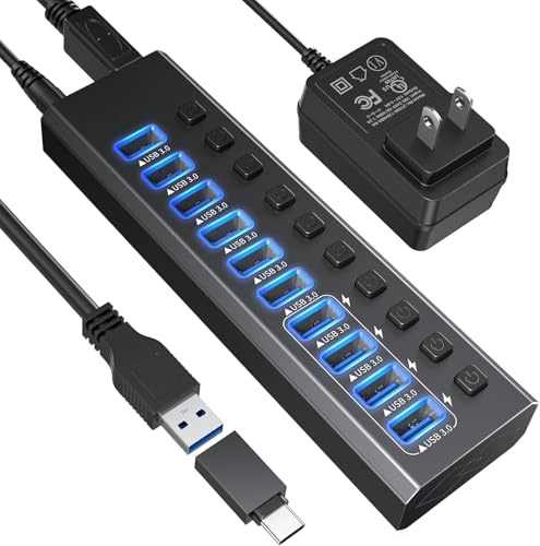 Powered USB 3.0 Hub Aluminum 10 Port USB 3.0 Data Hub with 12V/4A (48W) Power Adapter and Individual On/Off Switches & LED,USB Extension for MacBook, Mac Pro/Mini and More.