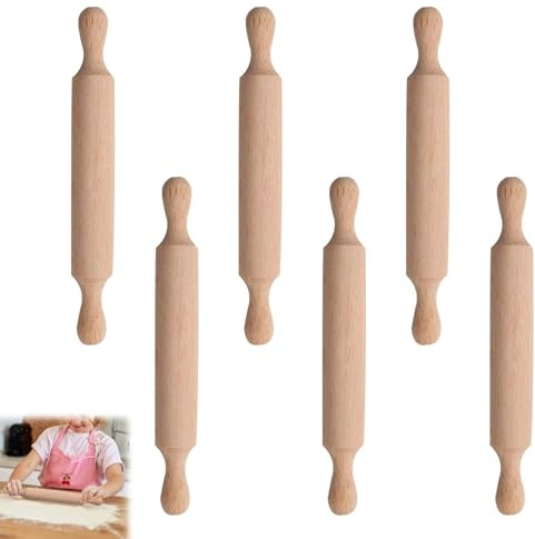 6 Pcs Mini Wooden Rolling Pins, 7 Inch Small Rolling Pin for Baking & Crafts, Clay Rollings Pin with 2 Rollers Handle, Playdough Accessories for Child in Pie Crust, Cookie, Dumpling, Pastry, Dough