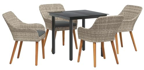 Owoxanthellate Gruppo da pranzo 5 pezzi, in rattan sintetico, grigio chiaro, 200 x 100 x 74 cm, resistente alle intemperie, telaio in acciaio con comodi cuscini per esterni, design moderno per