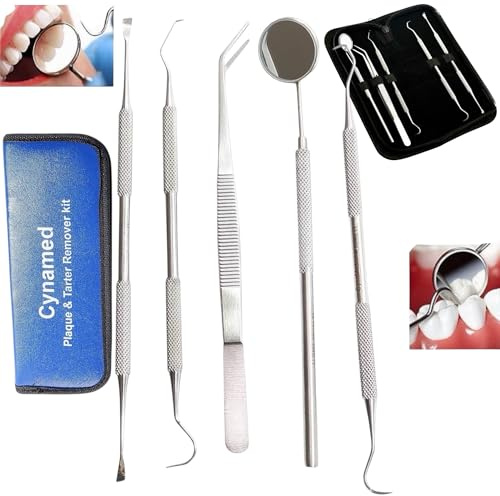 Dental Hygiene set of 5-Stainless Steel Tarter Scraper/Scaling Remover, Dental Toothpick, Mouth Mirror Scaler Tweezer For Calculus &Tartar Removal-Dentists Set is Ideal for Personal Use & Pet Friendly