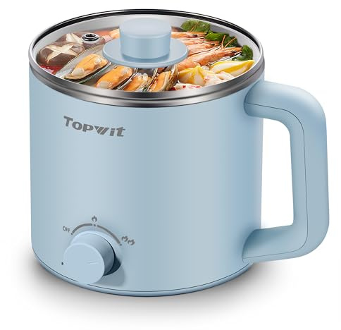 Topwit Hot Pot Electric, Electric Pot, 1.6L Ramen Cooker, Multifunctional Cooker for Pasta, Shabu-Shabu, Oatmeal, Soup and Egg with Over-Heating Protection, Boil Dry Protection, Blue