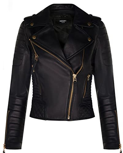 Infinity Leather Veste de Motard en Cuir Pour Femme Matelassée Noir Mat Avec Fermeture éclair Dorée Véritable Nappa Gothique Veste de Moto Tendance L