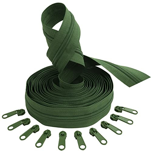 AERZETIX - C62733x5-C62837x10 - Kit de cremallera espiral 5m N°5 color: verde militar + 10 cursores N°5 no bloqueable color: verde militar - en nylon/metal - merceria