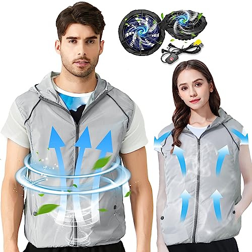 PANGTIKU Gilet con ventola di raffreddamento, per uomo e donna, indossabile, giacca da condizionatore d'aria, 3 velocità, regolabile, per lavoro, pesca, sport (grigio, XL)