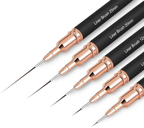 Lot de 5 pinceaux pour nail art, pinceaux de peinture, outil de dessin pour les lignes longues, détails fins, tailles de dessin fin 4/8/12/20/25 mm, noir