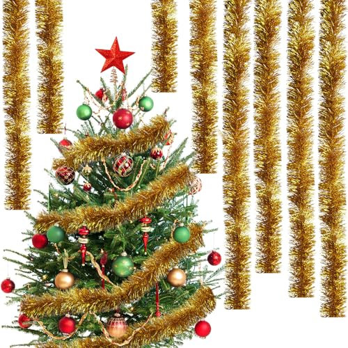 ZoneYan Guirnalda de Oropel de Navidad, 2m*5pcs Espumillon para Árbol, Decoración Colgante, Adornos para Escaleras Paredes Ventanas Fiestas (Oro)