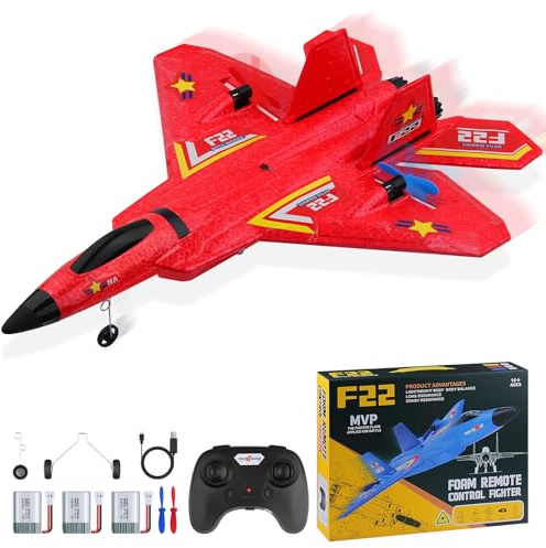 yusvwkj RC Plane F22 Remote Control Plane with 3 Batteries, 2.4GHz Remote Control Airplane Fighter Toys RC Glider Easy to Fly for Kids Beginners Adults USB Charging (Red)