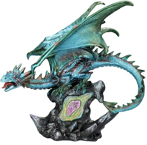 Figuren Shop GmbH Figura de dragón en geodenstein – Dragón de fantasía rugiente en azul y verde, 40 cm de altura