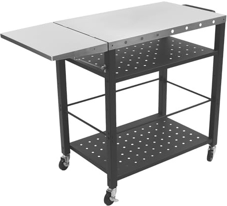 Carrello portatile per barbecue da esterno con tavolino pieghevole per pizza e forno per pizza, spazioso tavolo da lavoro piatto aperto con 4 ruote silenziose per barbecue e grigliate