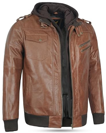 Leatherick Buffalo Veste en cuir véritable avec capuche pour homme (FR/ES, Alpha/lettres, TG, Taille normale, Taille normale)