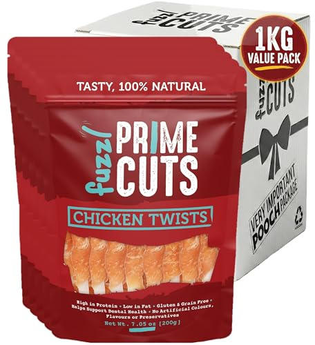Fuzzl Prime Cuts Tasty 100% Natural Chicken Twists – High Protein Dog Treats with Rawhide, Low Fat, Gluten & Grain Free, Supports Dental Health – 5x200g, 1kg Value Pack