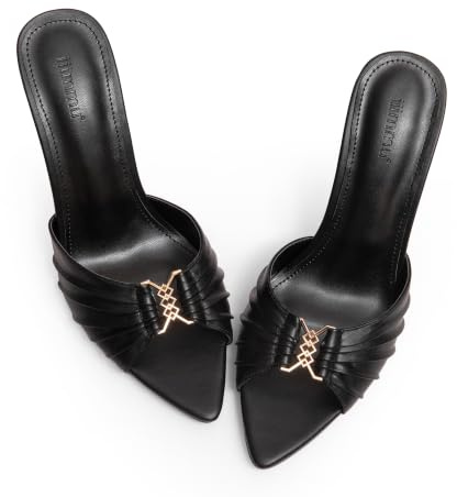 iiimmu 3.5 IN Stiletto Mules High Heels with Pointed Peep Toe Heeled Sandals Faux Leather, Black – Reinforced Buckle, 7 UK