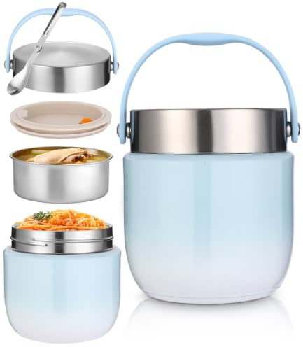 Termisk behållare för mat 1 200 ml, termoskål med lock, varmhållningsbehållare i rostfritt stål med vikbar sked, termisk lunchlåda för barn och vuxna, perfekt för soppor, gröt, lunch, blå