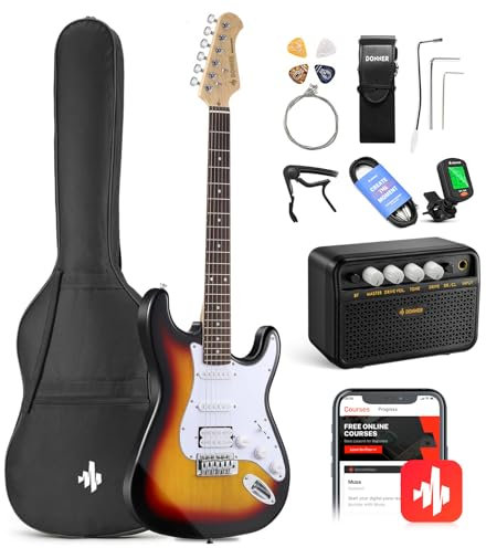 Donner E-Gitarre Set 39 Zoll E Gitarren mit Verstärker, Tasche, Capo, Gurt, Saiten, Tuner, Kabel und Plektren (Sunburst)