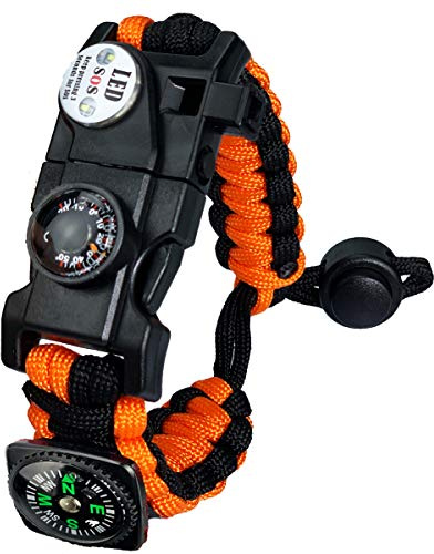 Pulsera Paracord Supervivencia España, Camuflaje Supervivencia Pulsera con Flint + Brújula + Termómetro + Silbato, para Caminatas en Canchas de Camping u Otras Actividades al Aire Libre (Naranja)