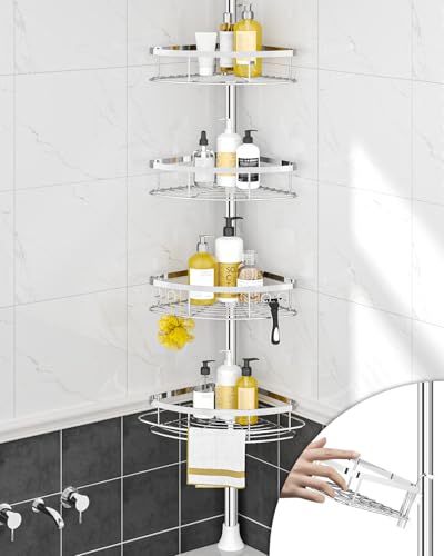 SEIRIONE Rustproof Shower Corner Caddy Organizer for Bathroom, 4 Adjustable Shelves with Tension Pole, for Bathtub Shampoo Accessories Storage Holder, 34 to 116 Inch Height, Silver