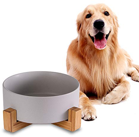 Ciotola per cani in ceramica grigia con supporto in bambù, antiscivolo, non versata, ciotola per cani e acqua, extra grande capacità, 1800 ml, ciotola per cani di taglia grande