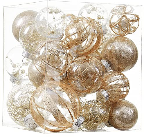 Clear Christmas Ball Ornaments,24ct Shatterproof Plastic Decorative Christmas Ornaments Hanging Xmas Tree Baubles Set with Stuffed Delicate Glittering Decorations for Holiday Party Decor (Champagne)