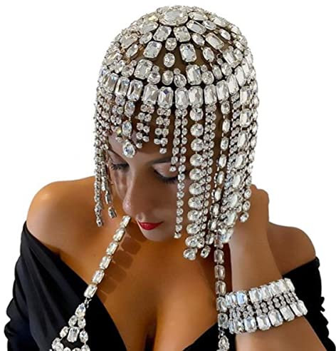 STONEFANS Vintage 1920s Rhinestone Headpiece Cap for Women Crystal Flapper Head Chain Hairpieces Gatsby Cleopatra Hair Accessories Silver