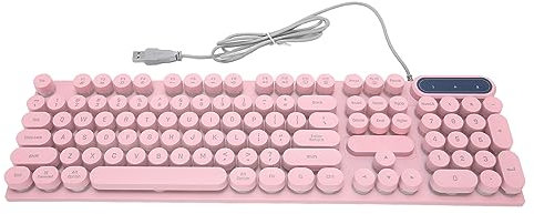 ciciglow Teclado Mecánico para Juegos con Cable, Estética Retro, Lindas Teclas Redondas, 104 Teclas, Pies Plegables, Teclas Multimedia, Teclado Retroiluminado con Cable USB para (Rosa)