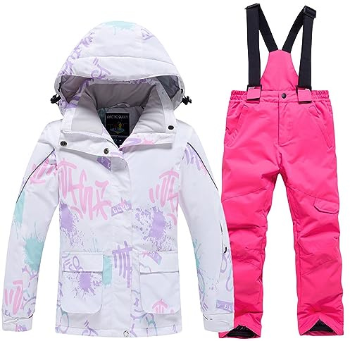 WOWULOVELY Girl's Winter Skisuit Thicken Warm Hooded Snowsuit Toddler Ski Jacket Pants Set(102-8,Pink,Size 8)